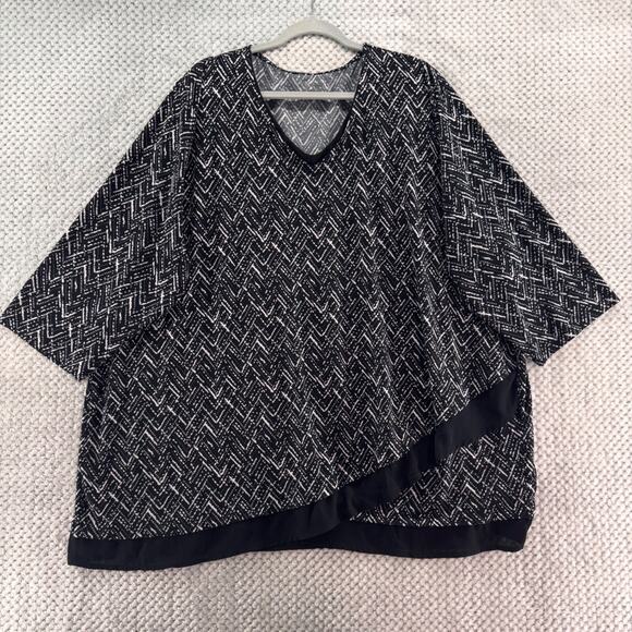 Catherines Top Womens 3X Black White Liquid Knit Stretch V-Neck Half Sleeve - Picture 1 of 13